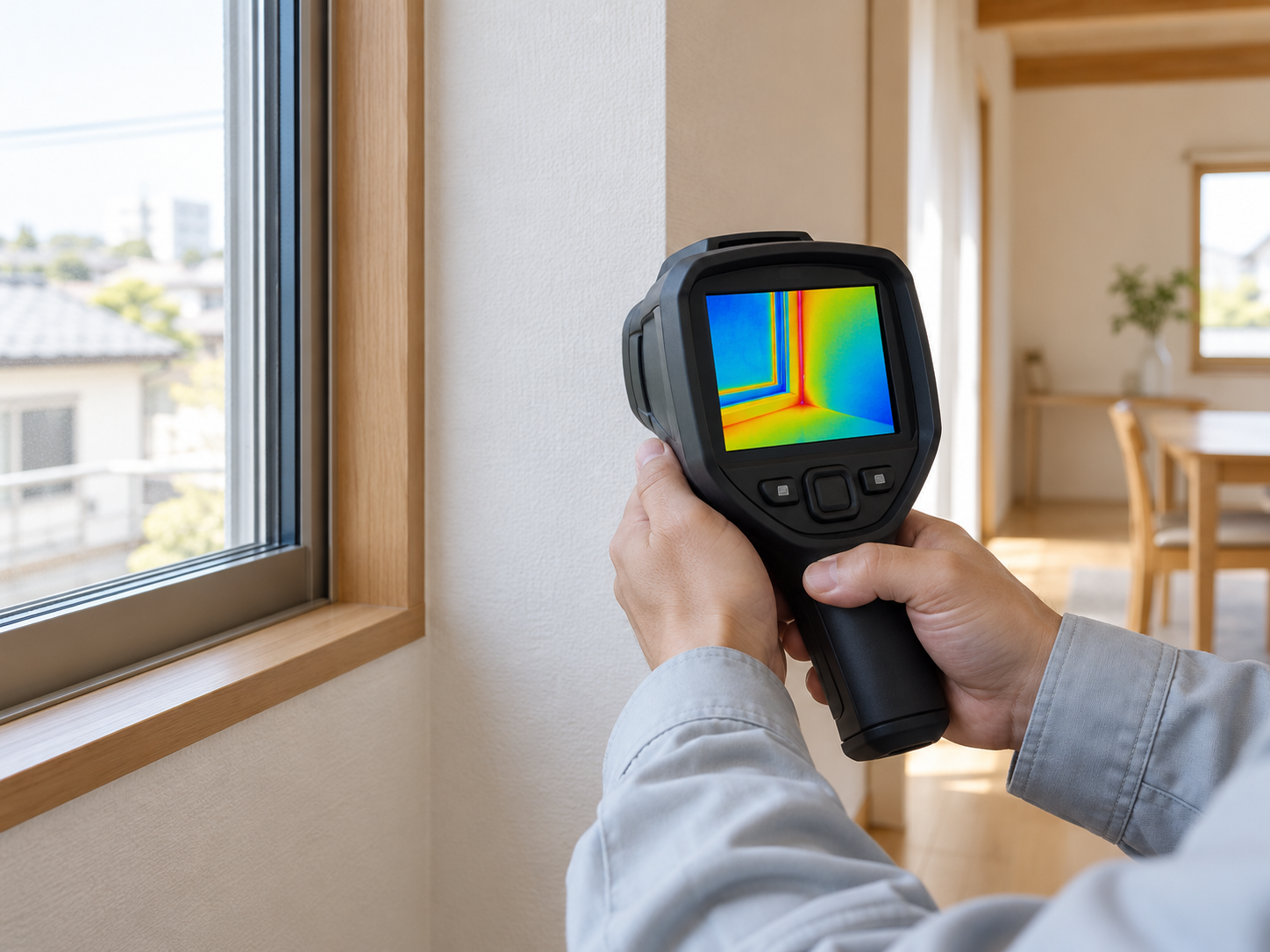 赤外線カメラで住宅の断熱状態を調べるイメージ