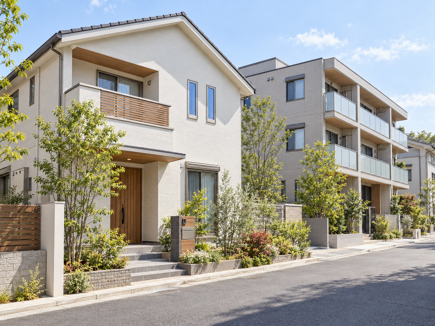 戸建住宅と低層マンションが並ぶ住宅街のイメージ
